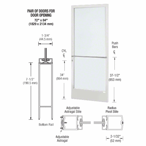 White KYNAR Paint 250 Series Narrow Stile Active Leaf of Pair 3'0 x 7'0 Center Hung for OHCC w/Standard Push Bars Complete Door/Std. MS Lock, 7-1/2" Std. Bottom Rail