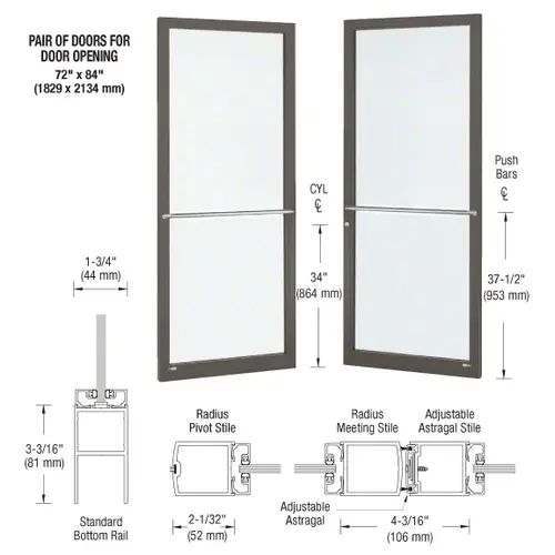 CRL-U.S. Aluminum DC22722 Bronze Black Anodized Custom Pair Series 250 Narrow Stile Center Pivot Entrance Doors for Overhead Concealed Door Closers