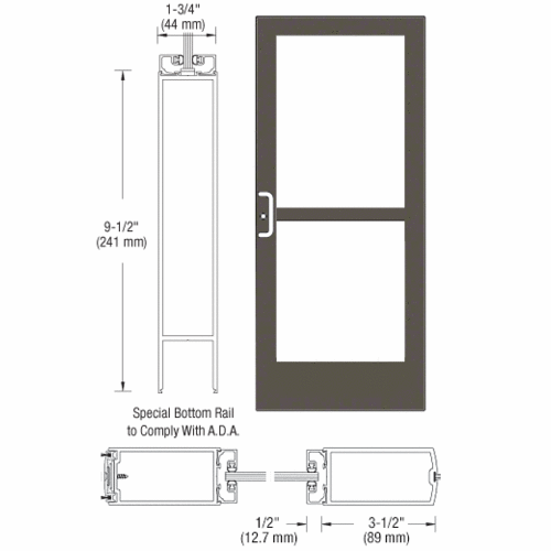 Bronze Black Anodized 400 Series Medium Stile Active Leaf of Pair 3'0 x 7'0 Center Hung for OHCC w/Standard Push Bars Complete Panic Door with Std. Panic and 9-1/2" Bottom Rail