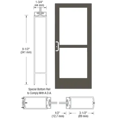 CRL-U.S. Aluminum CZ42722LA36 Bronze Black Anodized 400 Series Medium Stile Active Leaf of Pair 3'0 x 7'0 Center Hung for OHCC w/Standard Push Bars Complete Panic Door with Std. Panic and 9-1/2" Bottom Rail