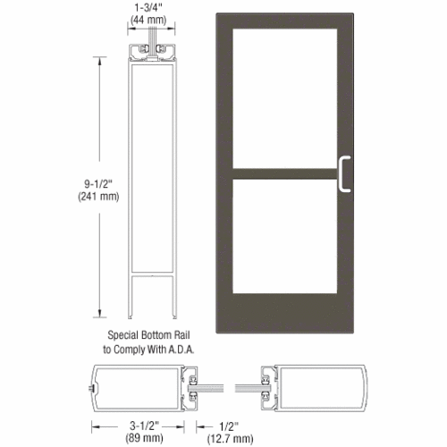 Bronze Black Anodized 400 Series Medium Stile Inactive Leaf of Pair 3'0 x 7'0 Center Hung for OHCC w/Standard Push Bars Complete Panic Door with Std. Panic and 9-1/2" Bottom Rail