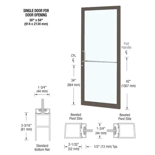 CRL-U.S. Aluminum DC21822 Bronze Black Anodized Custom Single Series 250 Narrow Stile Geared Hinge Entrance Door for Surface Mount Door Closer