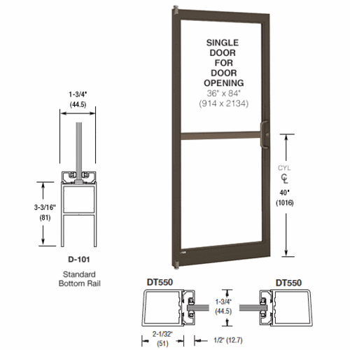 Bronze Black Anodized 250 Series Narrow Stile (LHR) HLSO Single 3'0 x 7'0 Offset Hung with Pivots for Surf Mount Closer Complete Panic Door for 1" Glass with Standard MS Lock and Bottom Rail