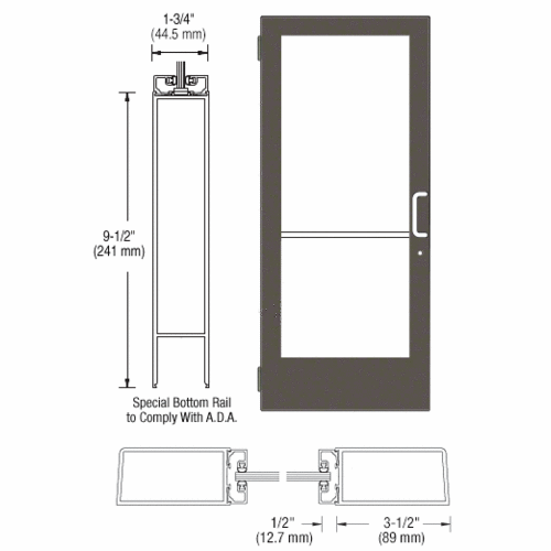 CRL-U.S. Aluminum 1DE41522R036 Bronze Black Anodized 400 Series Medium Stile (LHR) HLSO Single 3'0 x 7'0 Offset Hung with Butt Hinges for Surf Mount Closer Complete Door Std. Lock and 9-1/2" Bottom Rail for 1" Glass with Standard MS Lock and Bottom Rail