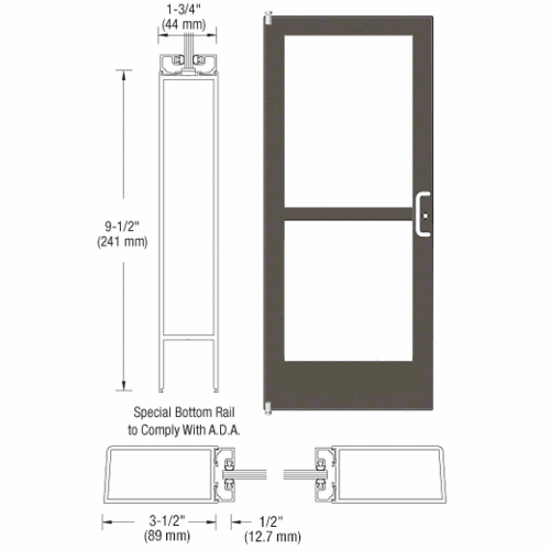 CRL-U.S. Aluminum 1CZ41222R036 Bronze Black Anodized 400 Series Medium Stile (LHR) HLSO Single 3'0 x 7'0 Offset Hung with Pivots for Surf Mount Closer Complete Panic Door for 1" Glass with Standard Panic and 9-1/2" Bottom Rail