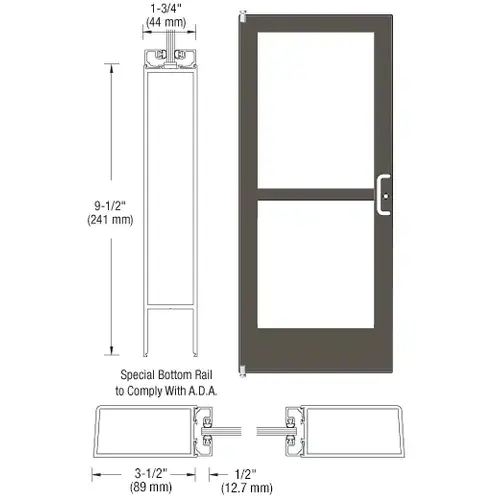 CRL-U.S. Aluminum 1CZ41222R036 Bronze Black Anodized 400 Series Medium Stile (LHR) HLSO Single 3'0 x 7'0 Offset Hung with Pivots for Surf Mount Closer Complete Panic Door for 1" Glass with Standard Panic and 9-1/2" Bottom Rail