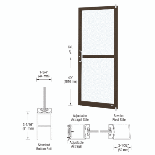 Bronze Black Anodized 250 Series Narrow Stile Active Leaf of Pair 3'0 x 7'0 Offset Hung with Pivots for Surf Mount Closer Complete Panic Door for 1" Glass with Standard MS Lock and Bottom Rail