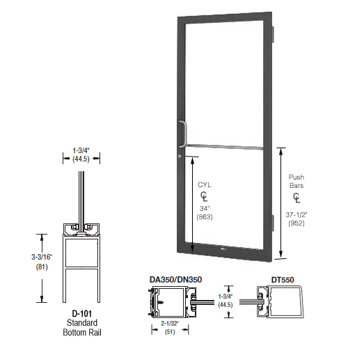 CRL-U.S. Aluminum DC22522LA36 Bronze Black Anodized 250 Series Narrow Stile Active Leaf of Pair 3'0 x 7'0 Offset Hung with Butt Hinges for Surf Mount Closer Complete Door Std. MS Lock & Bottom Rail