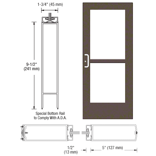 Bronze Black Anodized 550 Series Wide Stile Active Leaf of Pair 3'0 x 7'0 Center Hung for OHCC w/Standard Push Bars Complete Panic Door with Std. Panic and 9-1/2" Bottom Rail