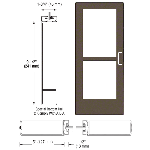 CRL-U.S. Aluminum CZ52722R136 Bronze Black Anodized 550 Series Wide Stile Inactive Leaf of Pair 3'0 x 7'0 Center Hung for OHCC w/Standard Push Bars Complete Panic Door with Std. Panic and 9-1/2" Bottom Rail