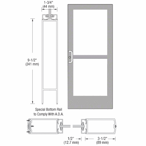 Clear Anodized 400 Series Medium Stile Active Leaf of Pair 3'0 x 7'0 Center Hung for OHCC w/Standard Push Bars Complete Panic Door with Std. Panic and 9-1/2" Bottom Rail