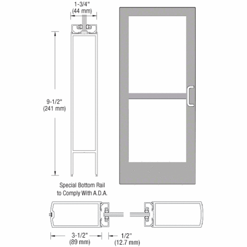 CRL-U.S. Aluminum CZ42711R136 Clear Anodized 400 Series Medium Stile Inactive Leaf of Pair 3'0 x 7'0 Center Hung for OHCC w/Standard Push Bars Complete Panic Door with Std. Panic and 9-1/2" Bottom Rail
