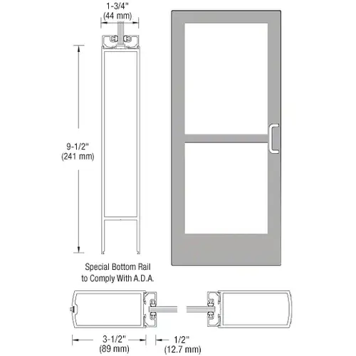 CRL-U.S. Aluminum CZ42711R136 Clear Anodized 400 Series Medium Stile Inactive Leaf of Pair 3'0 x 7'0 Center Hung for OHCC w/Standard Push Bars Complete Panic Door with Std. Panic and 9-1/2" Bottom Rail