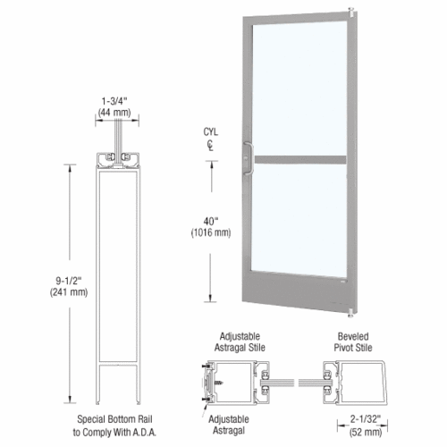 Clear Anodized 250 Series Narrow Stile Active Leaf of Pair 3'0 x 7'0 Offset Hung with Pivots for Surface Mount Closer Complete Panic Door for 1" Glass with Standard Panic and 9-1/2" Bottom Rail