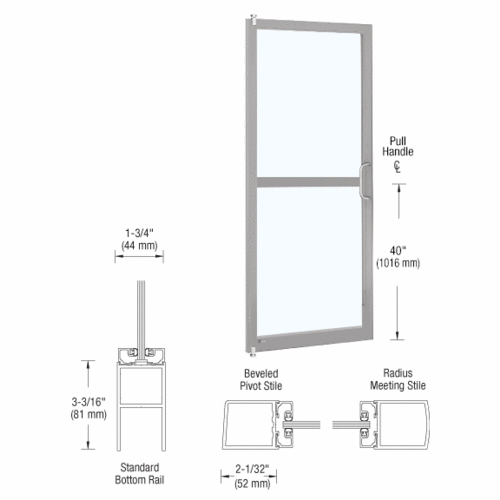 CRL-U.S. Aluminum 1DZ22211R136 Clear Anodized 250 Series Narrow Stile Inactive Leaf of Pair 3'0 x 7'0 Offset Hung with Pivots for Surf Mount Closer Complete Panic Door for 1" Glass with Standard MS Lock and Bottom Rail