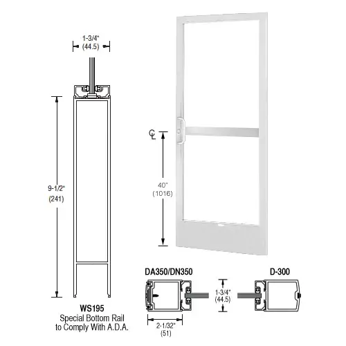 CRL-U.S. Aluminum CZ22752LA36 White KYNAR Paint 250 Series Narrow Stile Active Leaf of Pair 3'0 x 7'0 Center Hung for OHCC with Standard Push Bars Complete Panic Door with Standard Panic and 9-1/2" Bottom Rail