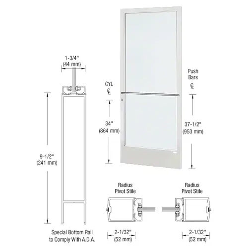 CRL-U.S. Aluminum DE21752L036 White KYNAR Paint 250 Series Narrow Stile (RHR) HRSO Single 3'0 x 7'0 Center Hung for OHCC w/Standard Push Bars Complete Door Std. Lock and 9-1/2" Bottom Rail