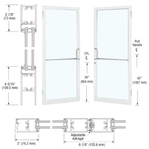 CRL-U.S. Aluminum 1D22552 White KYNAR Paint Custom Pair Series 250T Narrow Stile Butt Hinge Thermal Entrance Doors for Surface Mount Door Closers