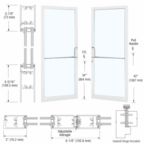 CRL-U.S. Aluminum 1D22852 White KYNAR Paint Custom Pair Series 250T Narrow Stile Geared Hinge Thermal Entrance Doors for Surface Mount Door Closers