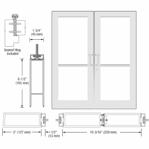 CRL-U.S. Aluminum DC52852 White KYNAR Paint Custom Pair Series 550 Wide Stile Geared Hinge Entrance Doors for Surface Mount Door Closers