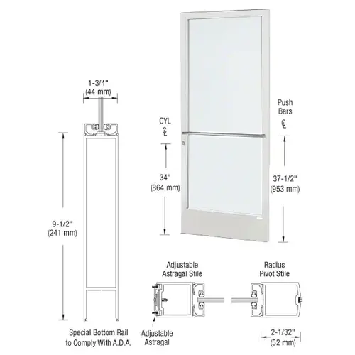 CRL-U.S. Aluminum DE22752LA36 White KYNAR Paint 250 Series Narrow Stile Active Leaf of Pair 3'0 x 7'0 Center Hung for OHCC w/Standard Push Bars Complete Door Std. Lock and 9-1/2" Bottom Rail