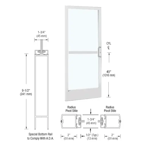 CRL-U.S. Aluminum CZ21752R036 White KYNAR Paint 250 Series Narrow Stile (LHR) HLSO Single 3'0 x 7'0 Center Hung for OHCC w/Standard Push Bars Complete Panic Door with Std. Panic & 9-1/2" Bottom Rail