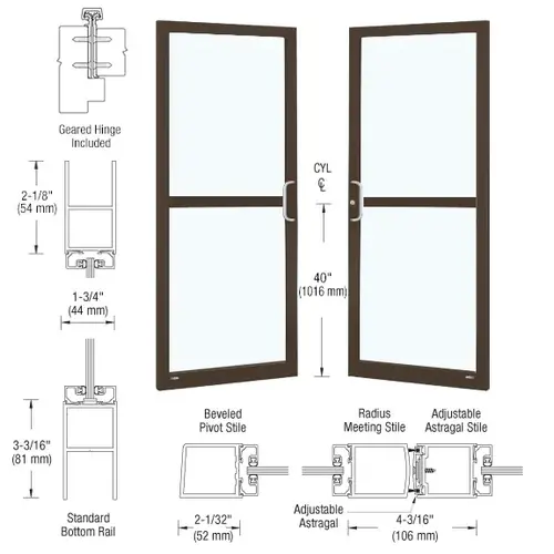 CRL-U.S. Aluminum DZ22822 Class I Bronze Black Anodized Custom Pair Series 250 Narrow Stile Geared Hinge Entrance Doors For Panics and Surface Mount Door Closers