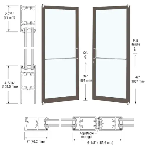 CRL-U.S. Aluminum 1D22222 Dark Bronze/Black Anodized Class 1 Custom Pair Series 250T Narrow Stile Offset Pivot Thermal Entrance Doors for Surface Mount Door Closers