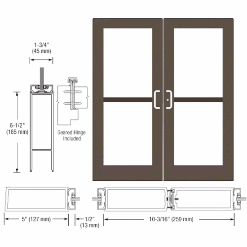 Class I Bronze Black Anodized Custom Pair Series 550 Wide Stile Geared Hinge Entrance Doors For Panics and Surface Mount Door Closers