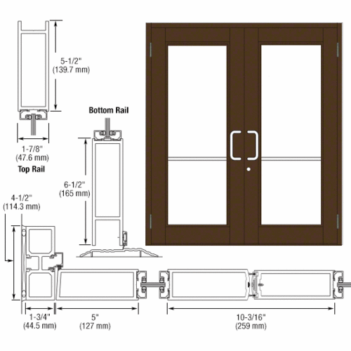 CRL-U.S. Aluminum DC92522 Bronze Black Anodized Custom Pair Series 850 Durafront Wide Stile Butt Hinged Entrance Doors for Surface Mount Door Closers