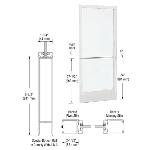 CRL-U.S. Aluminum DE22752R136 White KYNAR Paint 250 Series Narrow Stile Inactive Leaf of Pair 3'0 x 7'0 Center Hung for OHCC w/Standard Push Bars Complete Door Std. Lock and 9-1/2" Bottom Rail