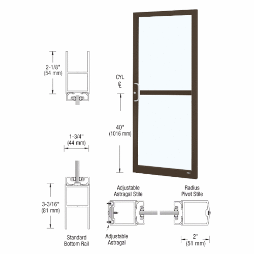 CRL-U.S. Aluminum DZ22722LA36 Class I Bronze Black Anodized 250 Series Narrow Stile Active Leaf of Pair 3'0 x 7'0 Center Hung for OHCC w/Standard Push Bars Complete Panic Door with Std. Panic and Bottom Rail