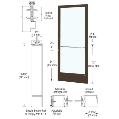 CRL-U.S. Aluminum DG22822LA36 Bronze Black Anodized Standard Single 36" x 84" Series 250 Narrow Stile Geared Hinge Left Side Latch Active Leaf of Pair for Surface Mount Door Closers