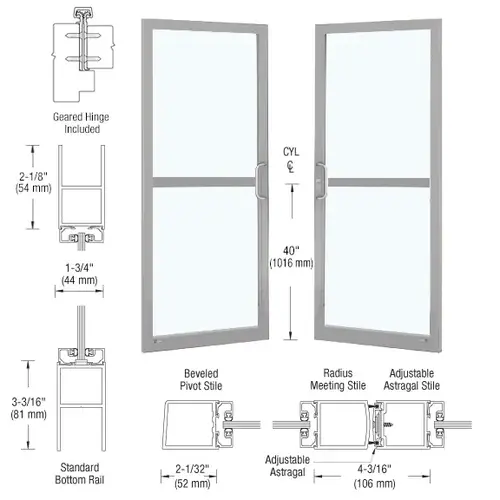 CRL-U.S. Aluminum DZ22811 Clear Anodized Custom Pair Series 250 Narrow Stile Geared Hinge Entrance Doors For Panics and Surface Mount Door Closers