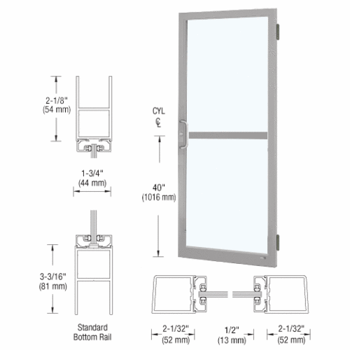 CRL-U.S. Aluminum 1DZ21511L036 Clear Anodized 250 Series Narrow Stile (RHR) HRSO Single 3'0 x 7'0 Offset Hung with Butt Hinges for Surf Mount Closer Complete Panic Door for 1" Glass with Standard MS Lock and Bottom Rail
