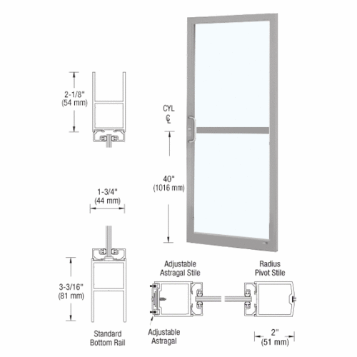 Clear Anodized 250 Series Narrow Stile Active Leaf of Pair 3'0 x 7'0 Center Hung for OHCC w/Standard Push Bars Complete Panic Door with Std. Panic and Bottom Rail