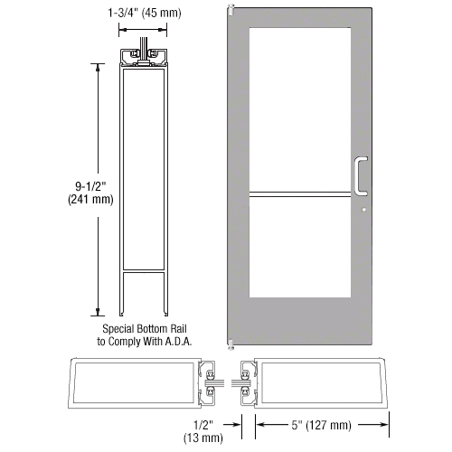 CRL-U.S. Aluminum 1DE51211R036 Clear Anodized 550 Series Wide Stile (LHR) HLSO Single 3'0 x 7'0 Offset Hung with Pivots for Surf Mount Closer Complete Door for 1" Glass with Standard MS Lock and Bottom Rail