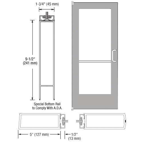 Clear Anodized 550 Series Wide Stile Inactive Leaf of Pair 3'0 x 7'0 Offset Hung with Pivots for Surf Mount Closer Complete ADA Door for 1" Glass with Lock Indicator, Cylinder Guard