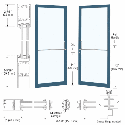 Custom KYNAR Paint Custom Pair Series 250T Narrow Stile Geared Hinge Thermal Entrance Doors for Surface Mount Door Closers