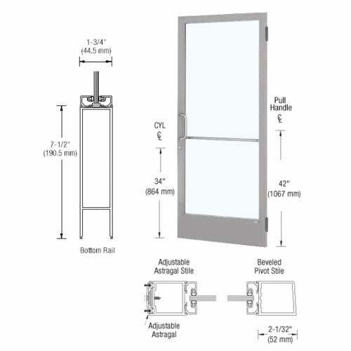 CRL-U.S. Aluminum 1HE22511LA36 Clear Anodized 250 Series Narrow Stile Active Leaf of Pair 3'0 x 7'0 Offset Hung with Butt Hinges for Surf Mount Closer Complete Door for 1" Glass with Standard MS Lock, 7-1/2" Standard Bottom Rail