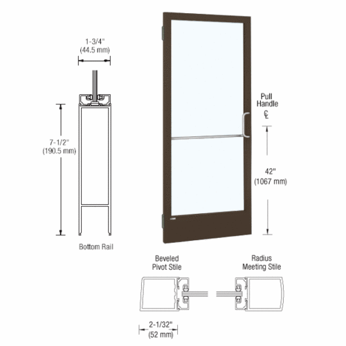 Bronze Black Anodized 250 Series Narrow Stile Inactive Leaf of Pair 3'0 x 7'0 Offset Hung with Butt Hinges for Surf Mount Closer Complete Doors for 1" Glass with Standard MS Lock, 7-1/2" Standard Bottom Rail