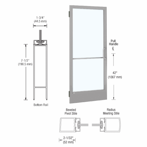 Clear Anodized 250 Series Narrow Stile Inactive Leaf of Pair 3'0 x 7'0 Offset Hung with Butt Hinges for Surf Mount Closer Complete Door for 1" Glass with Standard MS Lock, 7-1/2" Standard Bottom Rail