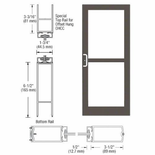 Bronze Black Anodized 400 Series Medium Stile Active Leaf of Pair 3'0 x 7'0 Center Hung for OHCC w/Standard Push Bars Complete Panic Door with Std. Panic and Bottom Rail