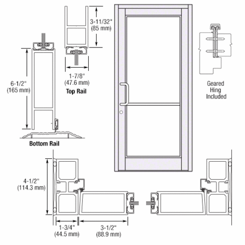 White KYNAR Paint Custom Single Series 800 Durafront Medium Stile Geared Hinge Entrance Door for Surface Mount Door Closer