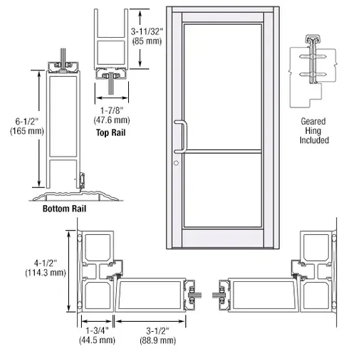 CRL-U.S. Aluminum DC81852 White KYNAR Paint Custom Single Series 800 Durafront Medium Stile Geared Hinge Entrance Door for Surface Mount Door Closer