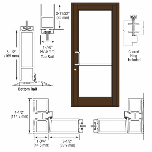 Bronze Black Anodized Custom Single Series 800 Durafront Medium Stile Geared Hinge Entrance Door for Surface Mount Door Closer