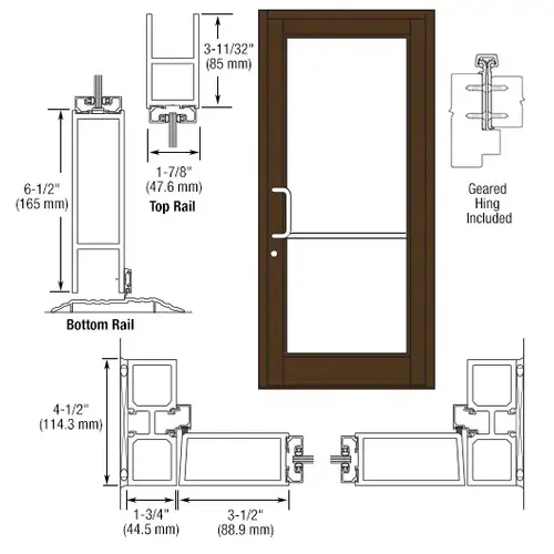 CRL-U.S. Aluminum DC81822 Bronze Black Anodized Custom Single Series 800 Durafront Medium Stile Geared Hinge Entrance Door for Surface Mount Door Closer