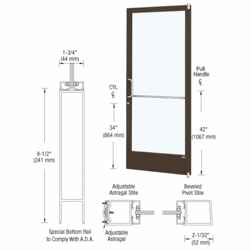 CRL-U.S. Aluminum 1DE22222LA36 Bronze Black Anodized 250 Series Narrow Stile Active Leaf of Pair 3'0 x 7'0 Offset Hung with Pivots for Surf Mount Closer Complete Door for 1" Glass with Standard MS Lock and Bottom Rail