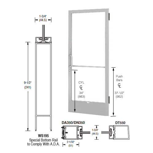 CRL-U.S. Aluminum 1DE22511LA36 Clear Anodized 250 Series Narrow Stile Active Leaf of Pair 3'0 x 7'0 Offset Hung with Butt Hinges for Surf Mount Closer Complete Door for 1" Glass with Standard MS Lock and Bottom Rail