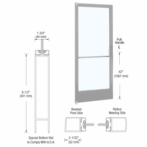 Clear Anodized 250 Series Narrow Stile Inactive Leaf of Pair 3'0 x 7'0 Offset Hung with Pivots for Surf Mount Closer Complete Door Std. Lock and 9-1/2" Bottom Rail for 1" Glass with Standard MS Lock and Bottom Rai